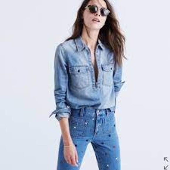 Madewell Tops - Madewell Denim Zip-Front Popover Shirt Medium Chambray Boxy Light Wash Fall